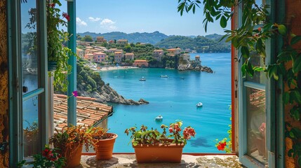 Open window with a breathtaking Mediterranean vista of turquoise waters, terracotta rooftops, and lush greenery under the warm sun