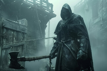 Executioner man in a hooded dark fantasy outfit securely holds an ax in his hands
