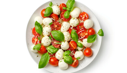 Plate of tasty salad Caprese with tomatoes, mozzarella balls and basil isolated on white, top view