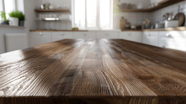 Above white kitchen cupboards with chrome handles is a smooth-surfaced, dark-brown solid wood table.