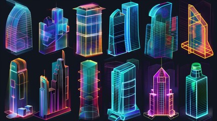 A collection of futuristic city buildings with transparent glass surfaces and neon outlines, suitable for cyberpunk games or dystopian animations. 32k, full ultra HD, high resolution