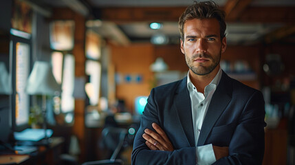 A businessman in a tailored suit standing in a corner office, arms crossed, with a serious...