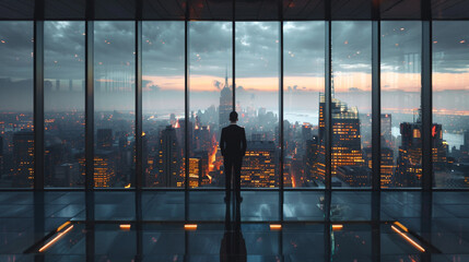 A businessman standing at a sleek, minimalist desk in an office, looking out the window at the city skyline.