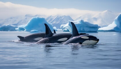 Fototapeta premium Groups of Orcas or killer whales swim and hunt for prey, the top of the food chain in a sea of ​​ice floes