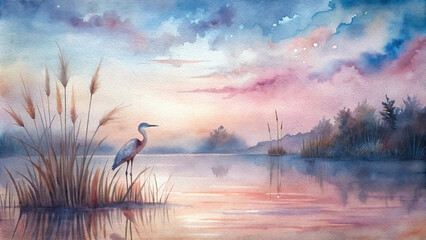 A dreamy watercolor painting of a tranquil lakeside scene, with a lone heron standing gracefully amidst tall reeds under a pink-tinged sky