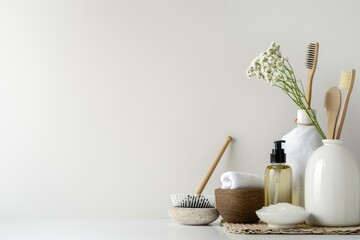 Eco-friendly spa accessories still life on white background, sustainable selfcare products