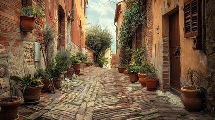 Fototapeta na wymiar Charming Italian Village Street with Pottery Delights 