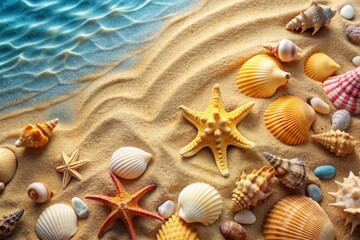 Fototapeta na wymiar Seashells and stones on sand. Sea summer vacation background with space for the text.
