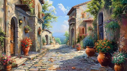 Charming Italian Village Street with Pottery Delights
