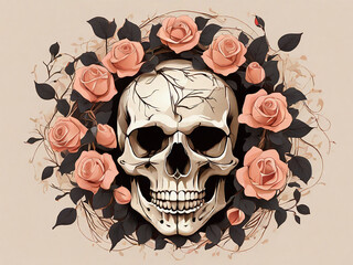 Skull and roses in a wreath on a beige background generative ai