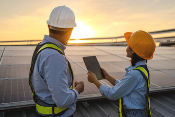 Two people wearing hard hats and safety vests are looking at a tablet. They are discussing...