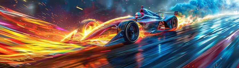 race car with a body made entirely of stained glass casts colorful shards of light across a racetrack made of swirling mist