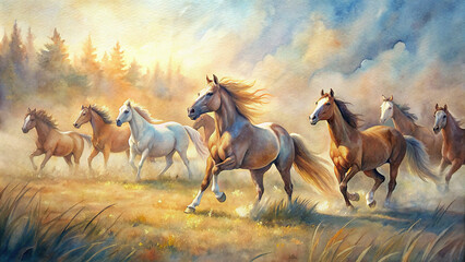 A magnificent herd of wild horses galloping across an open meadow, their graceful movements captured in the golden sunlight.