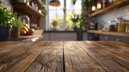 Wooden table surface with a modern, blurred kitchen setting, perfect for product mockups or design layout presentations