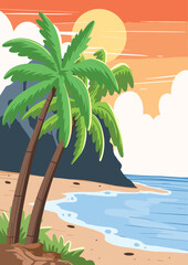 illustration design vector image of sunrise beach view with trees and hills.eps