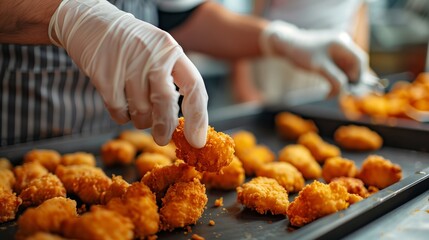 A male cook wearing gloves holds a nugget, rearranging it for delivery to the buyer. Fast food in a...