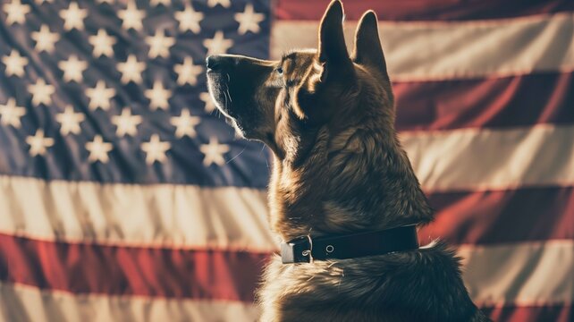 Loyal German Shepherd Saluting in Front of an American Flag for Memorial Day Tribute 