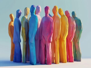 Colorful abstract sculpture of human figures standing together, symbolizing unity and diversity against a clear sky background.