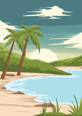 sea view vector illustration design with hills, coconut trees and sun in the afternoon.eps