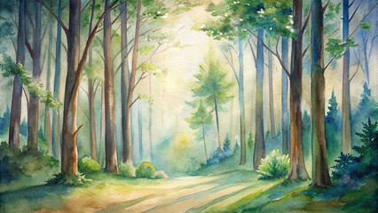 A watercolor illustration of a serene forest scene, with tall trees and dappled sunlight filtering through the foliage.