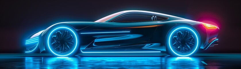 A sleek, low-rider concept car with glowing blue neon outlining its futuristic curves. 