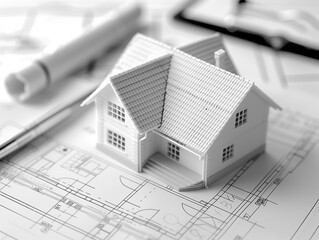 Kleines Modellhaus auf einem Bauplan, der auf einem wei&szlig;en Tisch liegt, daneben ein Kugelschreiber und ein Vertrag, 