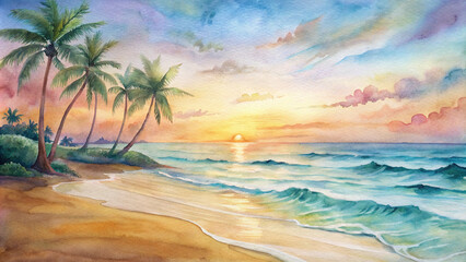 A watercolor illustration of a tranquil beach at sunrise, with palm trees swaying gently in the breeze and waves lapping the shore.