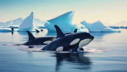 Fototapeta premium Groups of Orcas or killer whales swim and hunt for prey, the top of the food chain in a sea of ​​ice floes