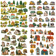 Obraz premium Charming collection of fairytale cottages, cozy village homes, and artistic houses with lush greenery, ideal for fantasy art, storybook illustrations, and creative design inspiration.