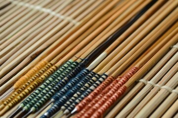 A collection of acupuncture needles with different tips and lengths organized on a bamboo mat for an educational display