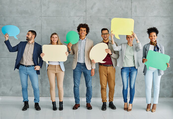 sign business man woman holding blank group message team businessman banner speech bubble copy space young showing businesswoman communication teamwork colleague