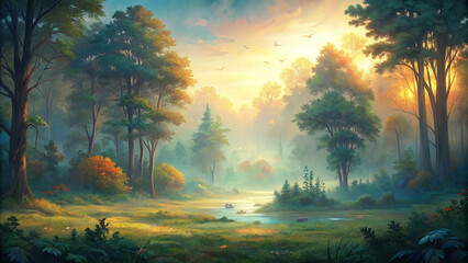 An expansive panorama of a tranquil forest glade illuminated by the soft golden light of dawn, with mist rising from the forest floor and birdsong filling the air