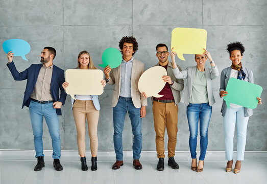 sign business man woman holding blank group message team businessman banner speech bubble copy space young showing businesswoman communication teamwork colleague