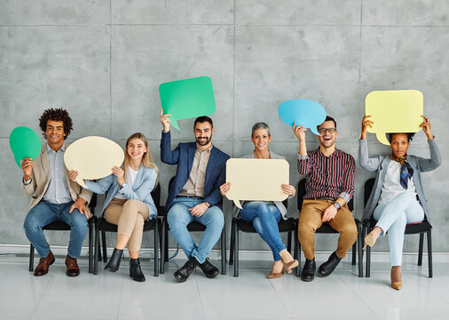 sign business man woman holding blank group message team businessman banner speech bubble copy space young showing businesswoman communication teamwork colleague