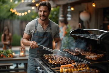 Fototapeta premium Backyard BBQ Gathering: Man Grilling Delicious Meat and Vegetables for Outdoor Summer Party