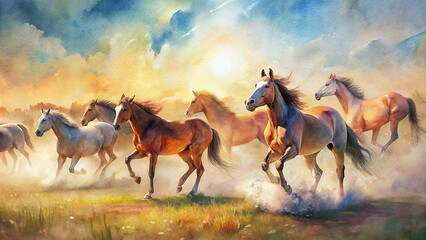 A dynamic shot of a herd of wild horses galloping across a sun-drenched meadow, with dust kicking up behind them and the vibrant colors of the landscape blurred in motion