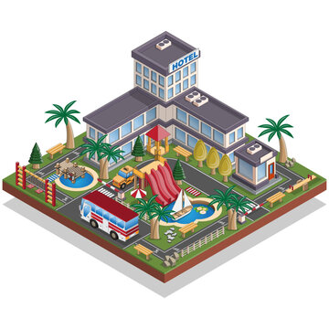 recommend clip art: Hotel. A place to relax. Isometric. Isolated on white background. Vector illustration.