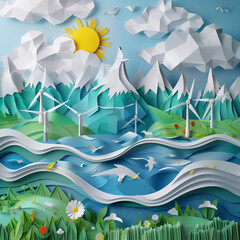 Windmills and Birds in a Landscape