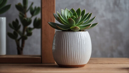 Sleek ceramic vase and succulent on a wooden shelf. Minimalist interior design backdrop.