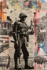WW2 political paper collage of an american soldier in uniform with helmet standing on the street, full body, historical images, war, photorealistic // ai-generated 
