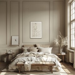 Comfortable hotel bedroom interior with bed, pillows, lamp, and stylish decor