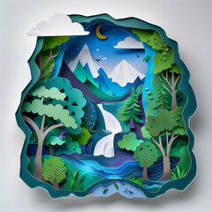Forest Paper Cutout With Waterfall