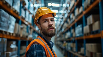 Portrait bearded man in yellow hard hat orange vest standing in warehouse looking at camera