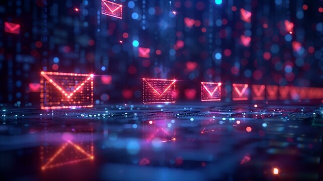 Delivery notification system delivery shipment concept with glowing red envelope icon binary code background