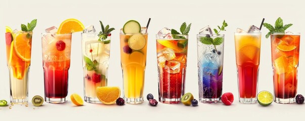 Range of vibrant cocktails and mocktails, assorted garnishes, in different glass types, on a white background, ideal for beverage promos