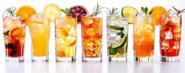 Range of vibrant cocktails and mocktails, assorted garnishes, in different glass types, on a white background, ideal for beverage promos