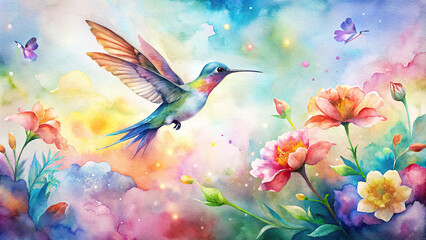 Obraz premium A whimsical watercolor painting of a vibrant hummingbird hovering near a colorful array of flowers in full bloom, with a soft gradient sky in the background
