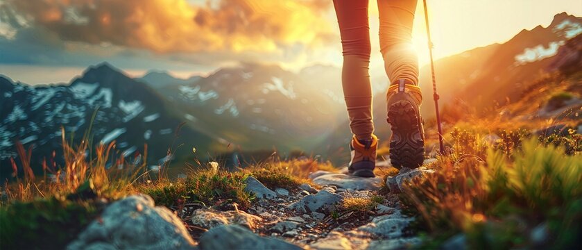 Hiker with trekking poles stands on a rocky trail in the mountains at sunset, with a breathtaking view and an inspirational journey ahead.
