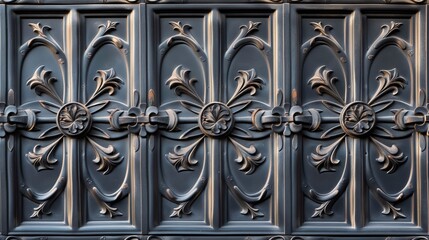 Detailed view of a metal door featuring intricate decorative designs and patterns