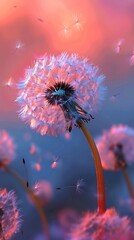 Dandelion Seeds Blowing at Sunset - Captivating image of dandelion seeds blowing in the wind at sunset. Perfect for themes of nature, serenity, and beauty.